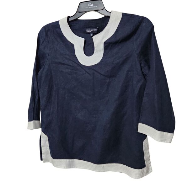 Jones New York Linen Blouse Size Medium Navy Blue Color 100% Linen - Picture 1 of 10